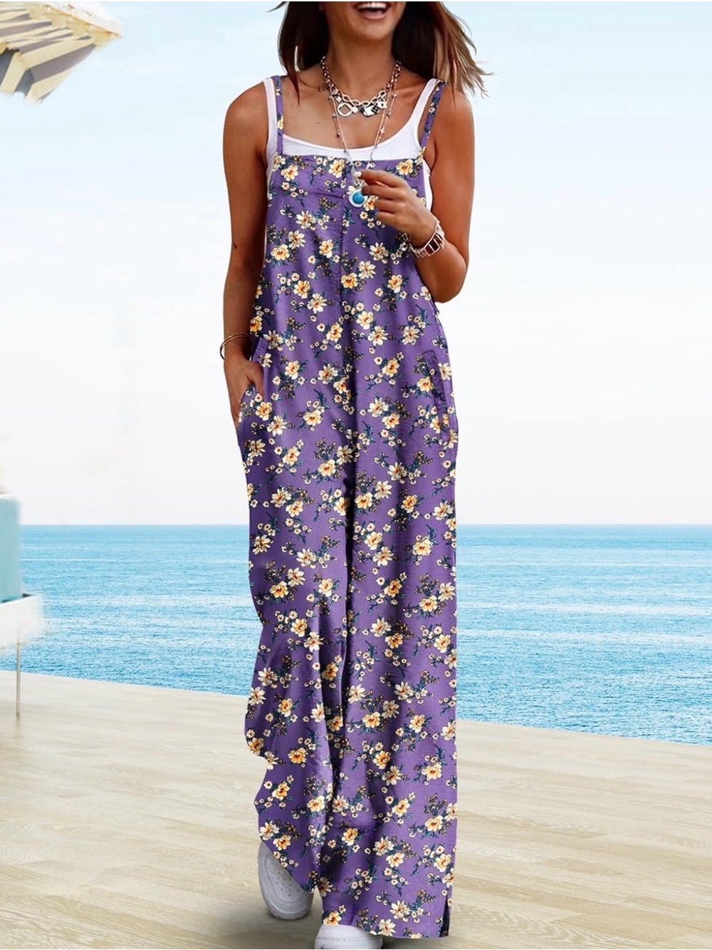 Floral Wide-Leg Purple Jumpsuit with Pockets